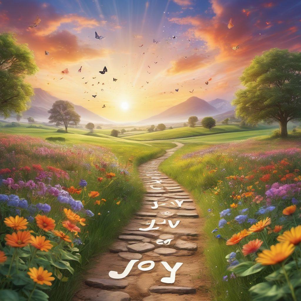 A serene landscape with a path winding through vibrant green fields, dotted with colorful flowers and gentle sunlight pouring down, symbolizing the journey to happiness. In the foreground, a joyful individual with arms open wide to embrace life, surrounded by butterflies and a soft, glowing aura of positivity. Incorporate elements like a small signpost with the word 'Joy' pointing forward. super-realistic. vibrant colors. calming atmosphere.