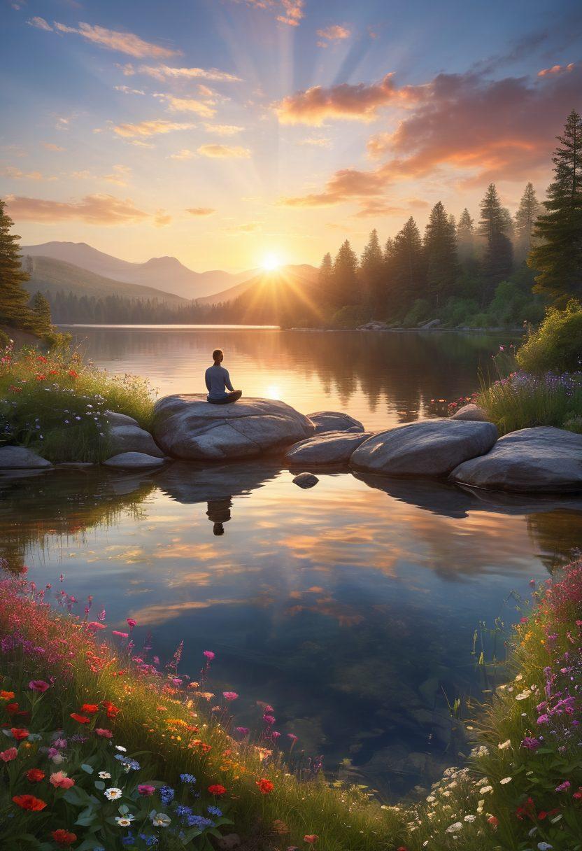 A serene landscape featuring a sunrise over a tranquil lake, with a person meditating on a rock, surrounded by vibrant wildflowers. Soft rays of light casting a warm glow, representing inner peace and gratitude. Visual elements like floating hearts and gentle waves of energy to symbolize well-being and motivation. super-realistic. vibrant colors. calming atmosphere.