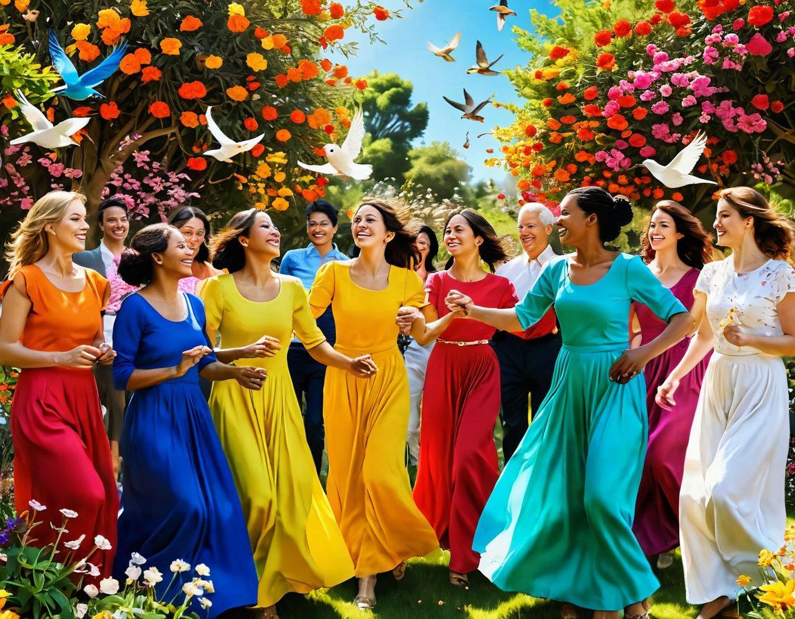 A vibrant network of diverse people interconnected with colorful threads of joy, sharing smiles and laughter in a garden filled with blossoming flowers. Each individual represents unique cultures and backgrounds, participating in joyful activities like dancing and chatting. The setting is sunlit, radiating warmth and happiness, with birds flying overhead. super-realistic. vibrant colors. cheerful atmosphere.